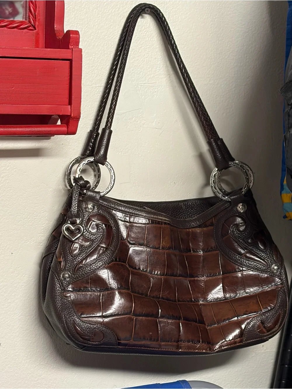 Brighton Brown Croc-Embossed Shoulder Bag with Heart Charm